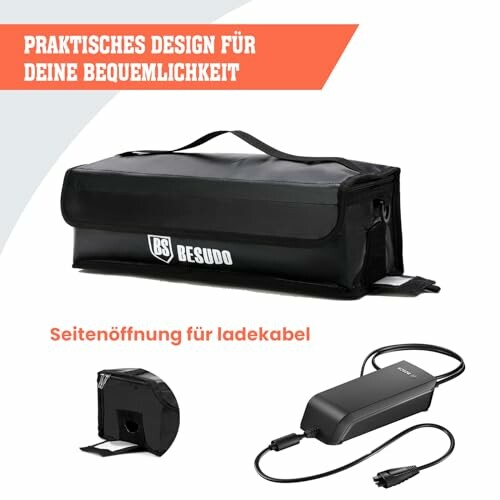 Zwarte tas voor batterij met zijopening voor laadkabel.