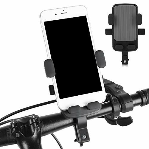 Telefoonhouder voor fiets bevestigd aan stuur.