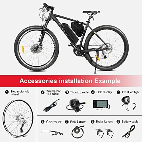 Elektrische fiets met accessoires en installatiediagram.