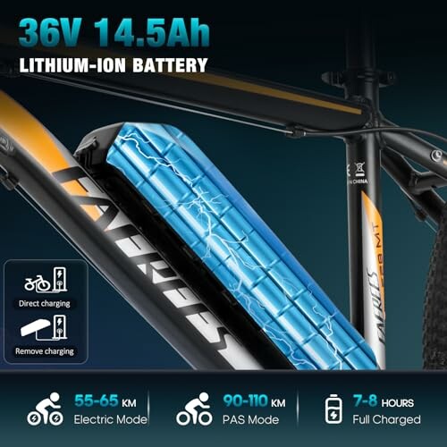 Fiets met lithium-ion batterij, 36V 14.5Ah, specificaties voor actieradius en oplaadtijd.