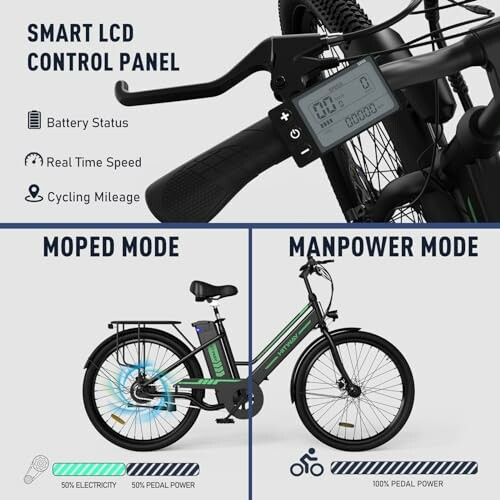 Elektrische fiets met LCD-bedieningspaneel en modusopties.