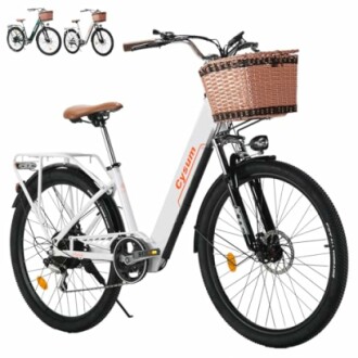 Elektrische stadsfiets met mand en accessoires.