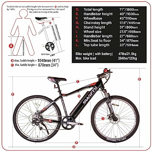 Diagram van een elektrische mountainbike met specificaties