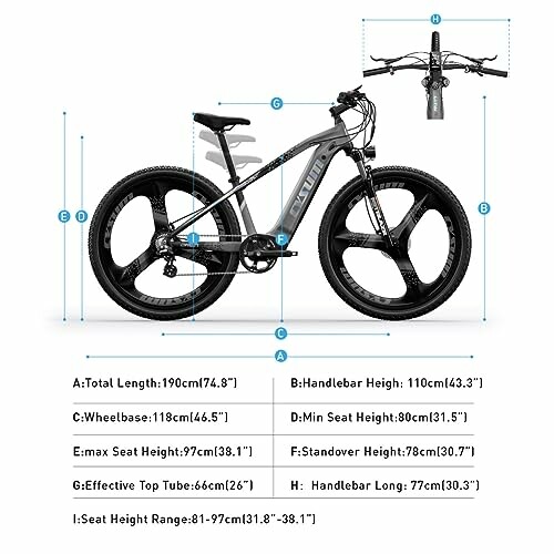 Elektrische mountainbike met afmetingen.