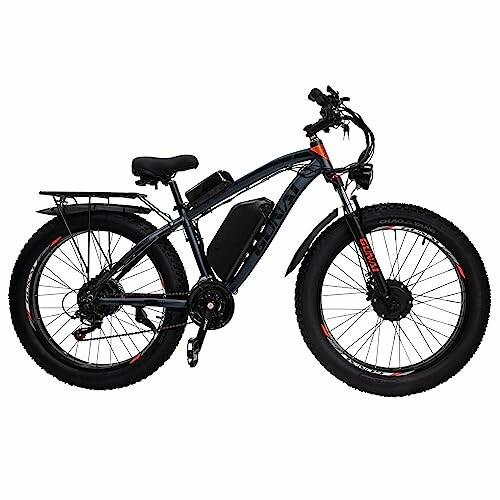 Elektrische mountainbike met dikke banden en batterij.