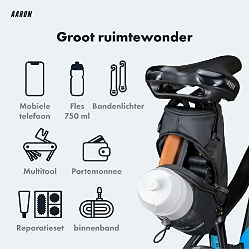 Fiets met opbergtas en accessoires zoals telefoon, fles, bandenlichter, multitool, portemonnee, reparatieset en binnenband.