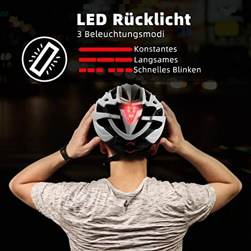 Achterkant van een fietshelm met LED-verlichting en drie verlichtingsmodi.