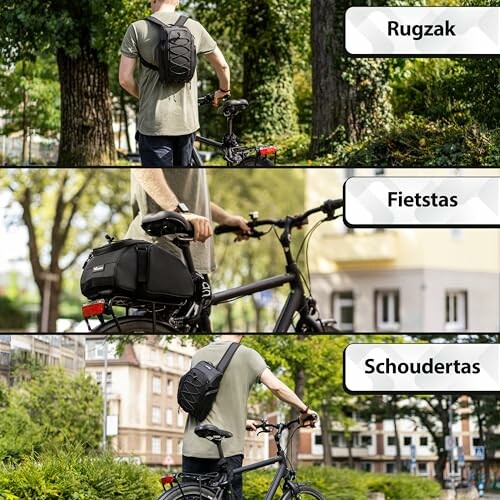 Man met rugzak, fietstas en schoudertas op een fiets