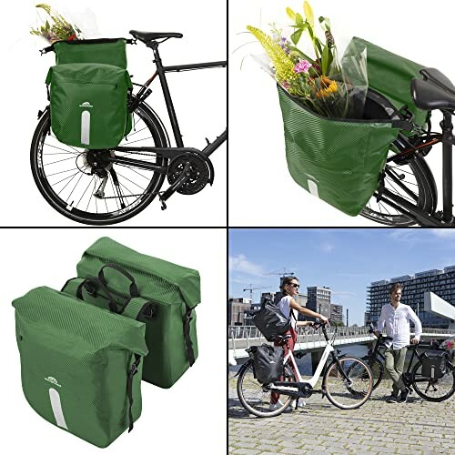 Groene fietstassen op fiets en met bloemen.