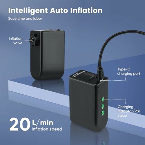 Draagbaar apparaat voor automatische inflatie met USB-C-poort.