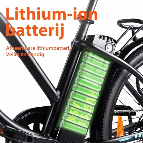 Lithium-ion batterij op fiets, afneembaar en handig.