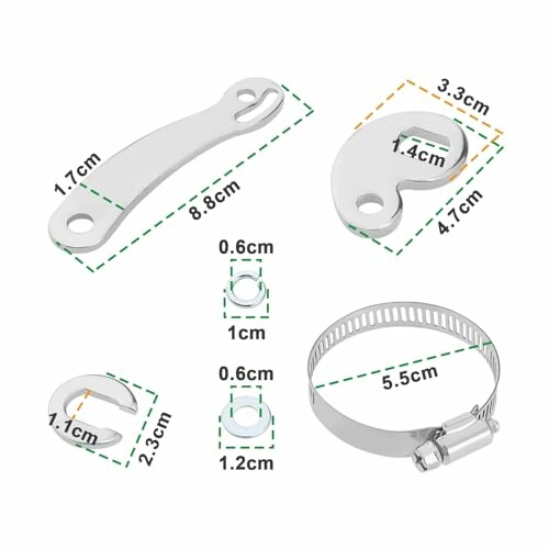 Metalen hardware-set met afmetingen weergegeven.