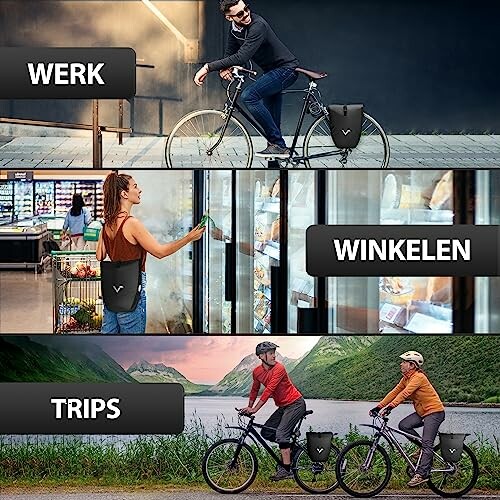 Drie afbeeldingen van mensen met fietstassen: naar werk, winkelen, reizen.