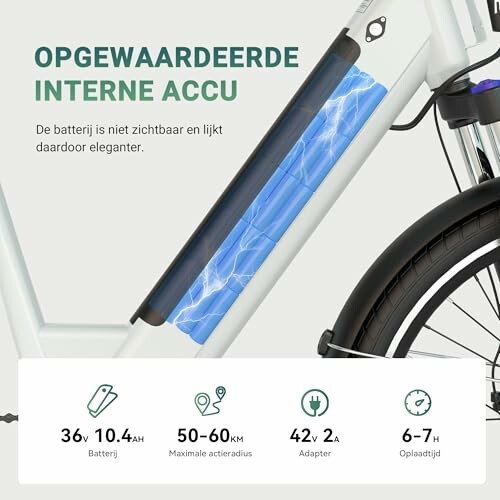 Fiets met opgewaardeerde interne accu en specificaties