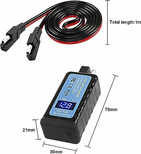 USB-voedingstester met kabel en afmetingen