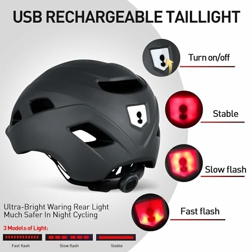 Zwarte helm met USB-oplaadbare achterlicht en drie lichtmodi.