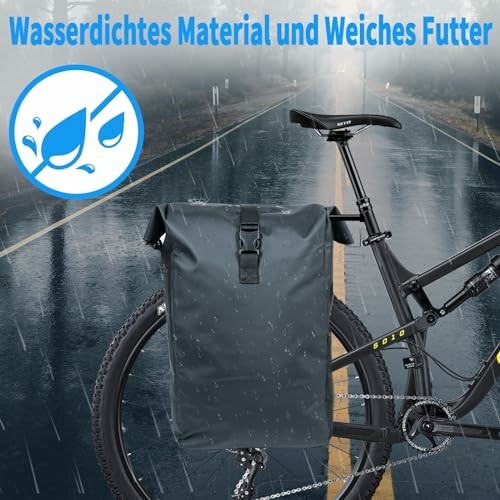 Waterdichte fietstas op een regenachtige weg