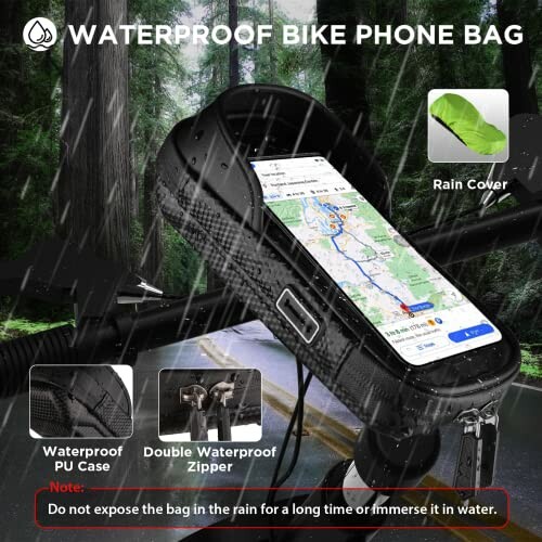 Waterdichte fietstas voor telefoon met regenhoes en kaart op scherm