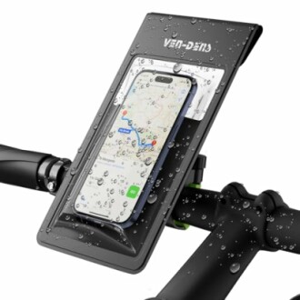 Waterdichte telefoonhouder voor fiets met regendruppels.