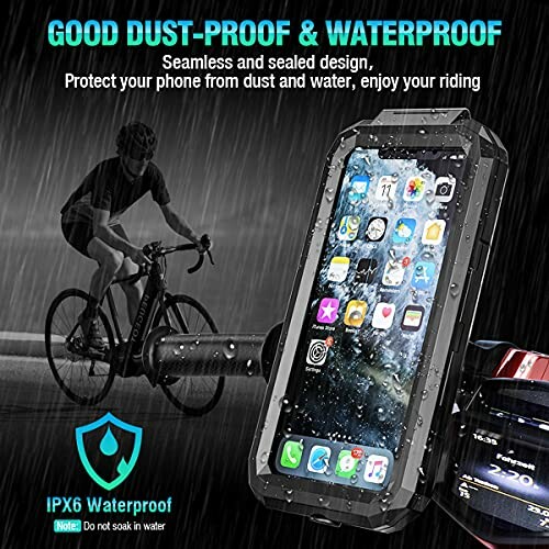 Waterdichte telefoonhoes op fietsstuur in de regen.