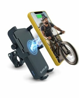 Draadloze oplader voor telefoon op fiets.